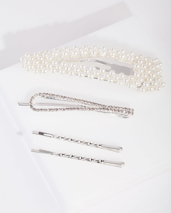 Silver Mix & Match Pearl and Diamante Clip 4 Pack