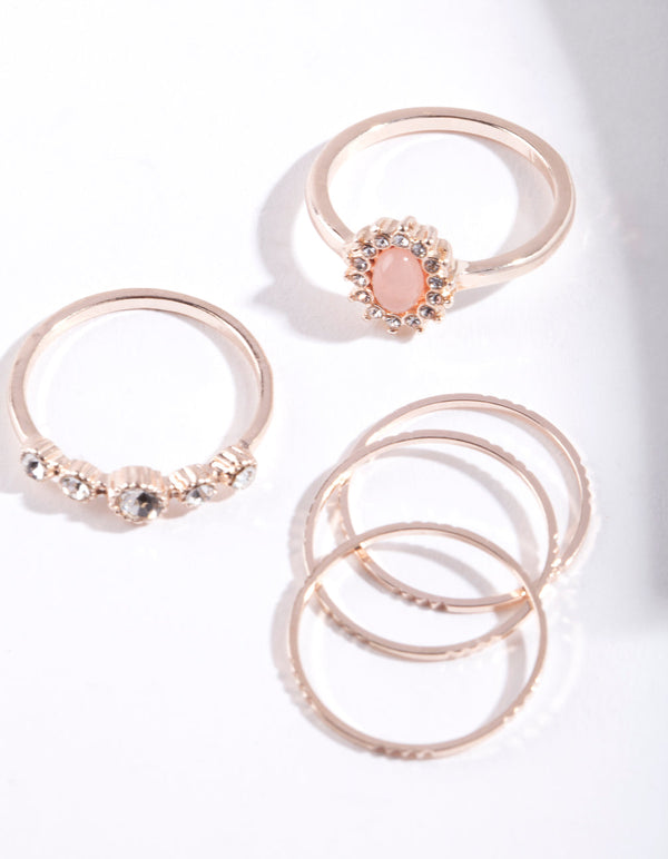 Rose Gold Stone Diamante 5 Pack Ring Stack
