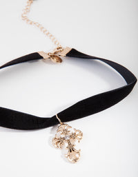 Suedette Choker with Antique Gold Cross - link has visual effect only