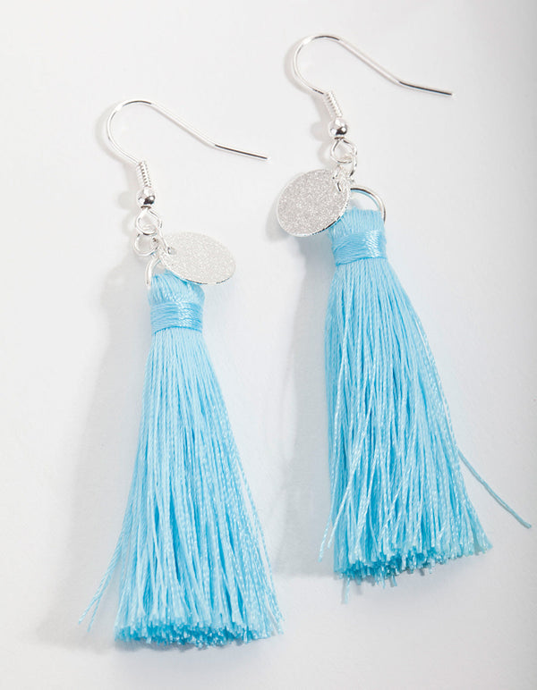 Silver Disc Charm Blue Tassel Earrings