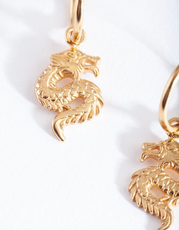 Gold Plated Sterling Silver Dragon Hoop Earrings