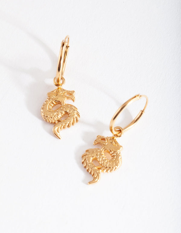 Gold Plated Sterling Silver Dragon Hoop Earrings