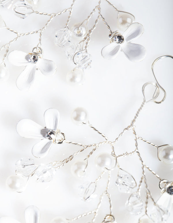 Silver Pearl and Flower Cluster Earrings