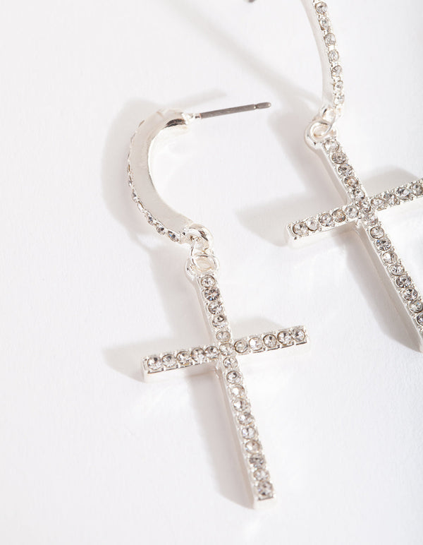 Silver Diamante Cross Earrings