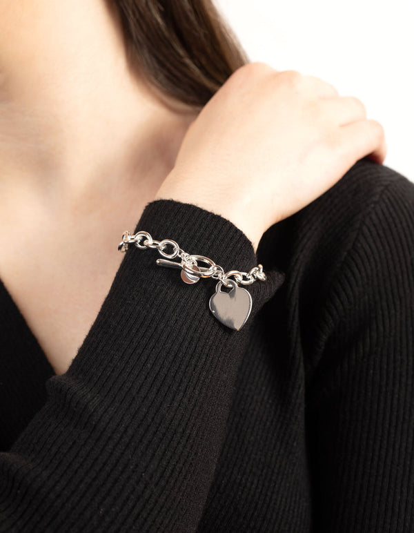 Silver Heart Charm Chain T Bar Bracelet