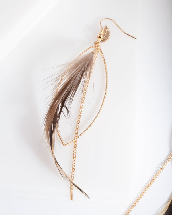 Brown Gold Feather Earrings
