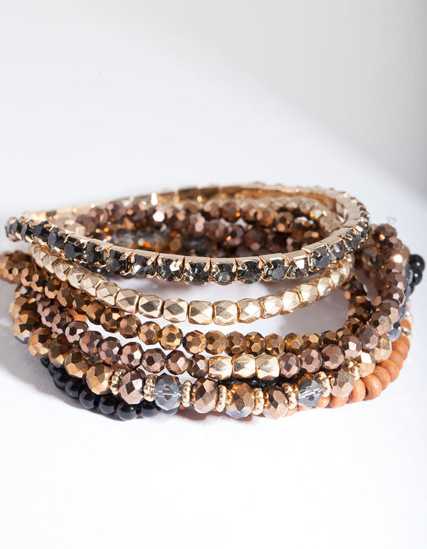 Brown Beads and Wood Stretch 7pk Bracelets