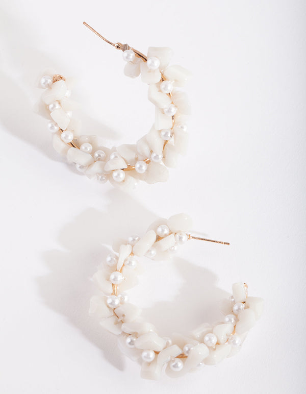 White Stone Pearl Hoop Earrings