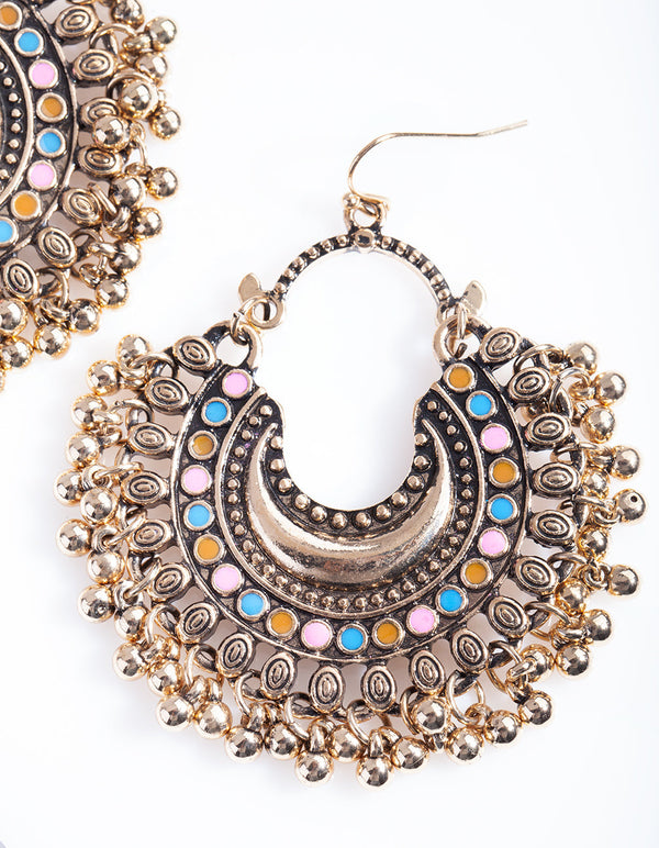 Antique Gold Colourful Disc Drop Earrings