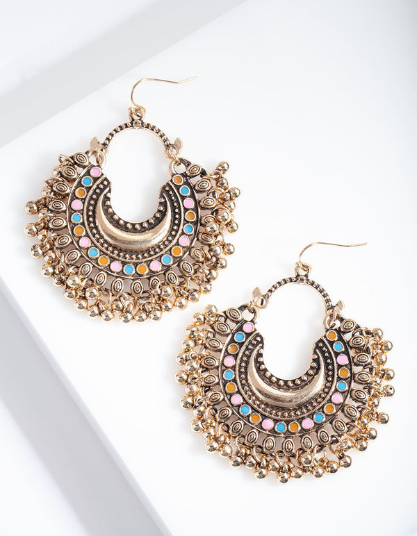 Antique Gold Colourful Disc Drop Earrings