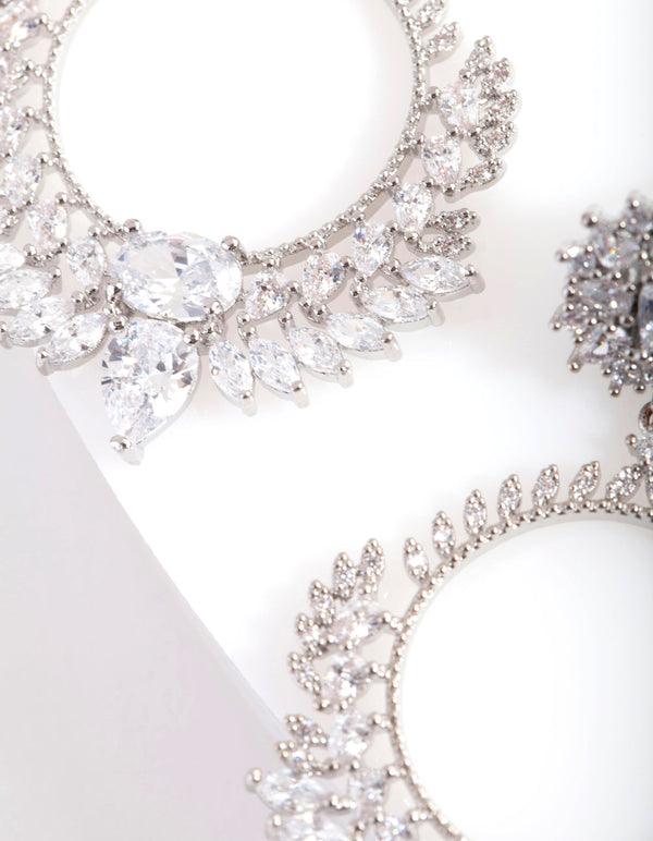 Rhodium Cubic Zirconia Foliage Drop Earrings
