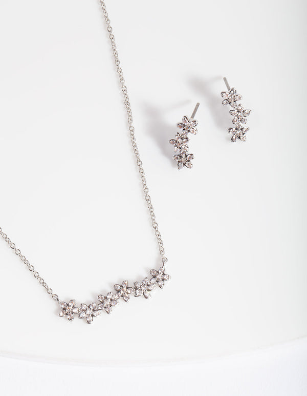 Silver Diamond Simulant Flower Cluster Necklace and Earrings Set