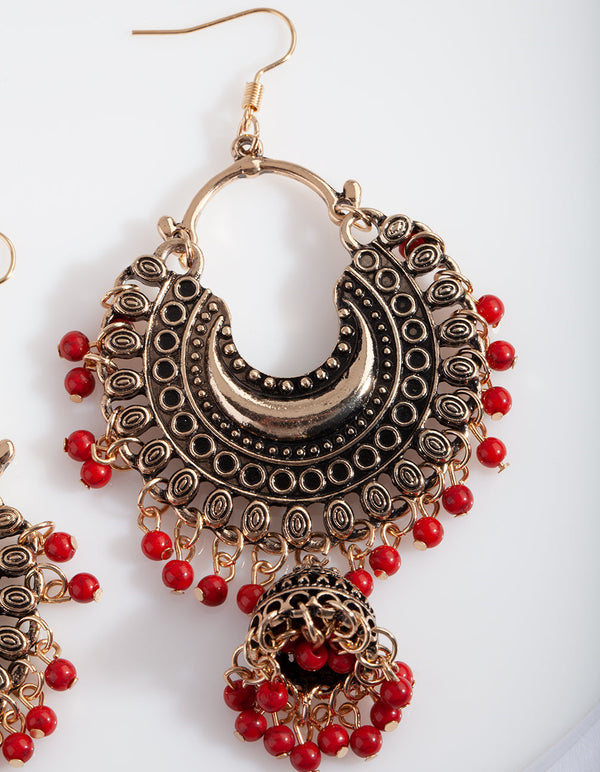 Antique Gold and Bead Tassel Drop Earrings