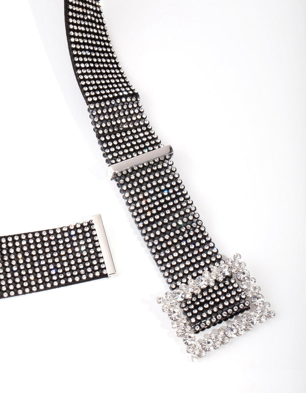 Zwarte mesh diamante riem