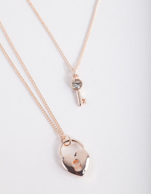 Rose Gold Lock Key Necklace Duo
