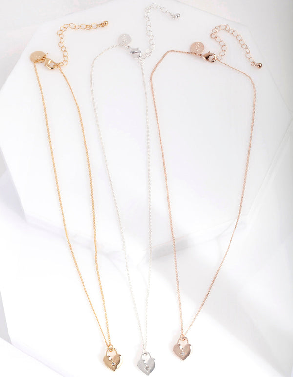 Mixed Metal Love Locks 3 Pack Necklace Set