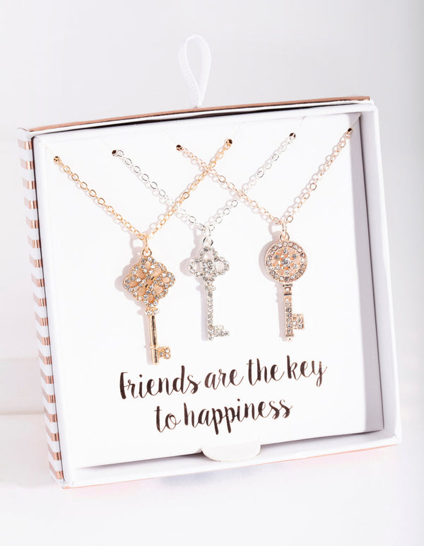 Mixed Metal Diamante Key 3 Pack Necklace