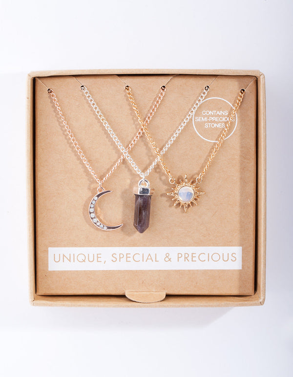 Mixed Metal Celestial Semi Precious Necklace 3 Pack