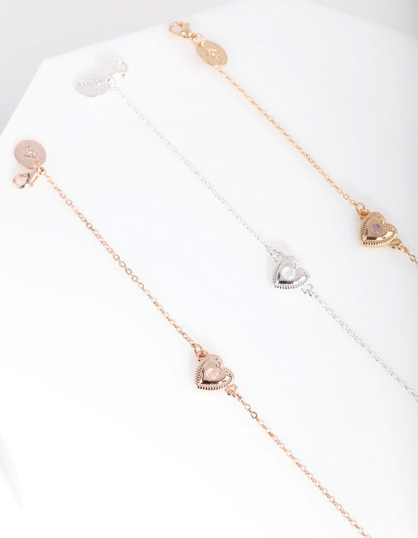 Mixed Metal 3 Pack Semi Precious Heart Bracelet