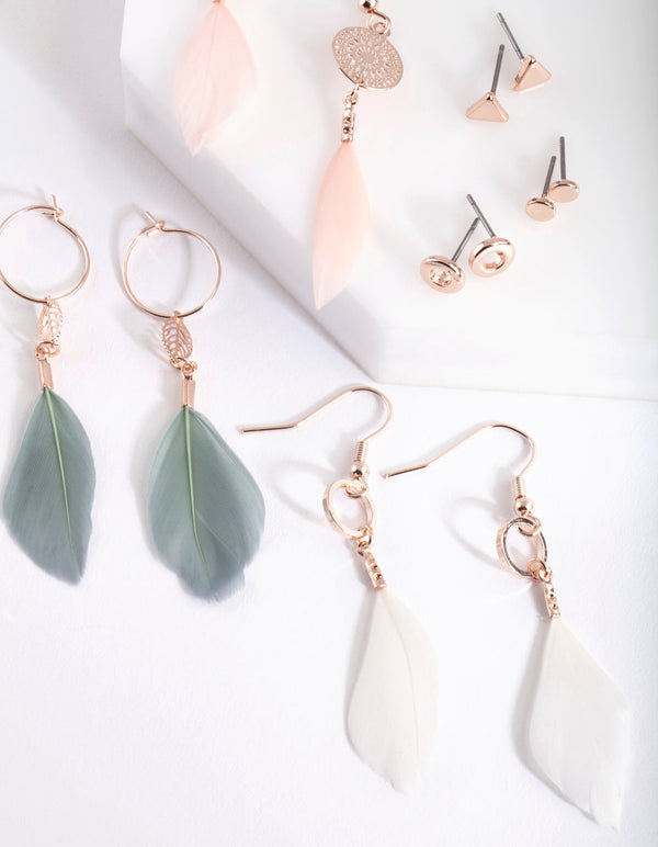 Rose Gold Pretty Feather Drop Earring Pack