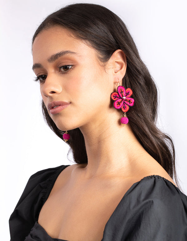 Red Embroidered Flower Earrings