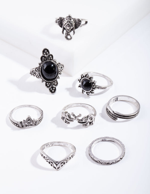Antique Silver Boho Elephant Style Rings 8 Pack