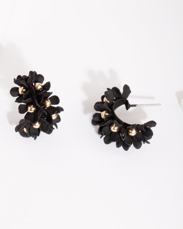 Black Mini Flower Cluster Hoop Earrings