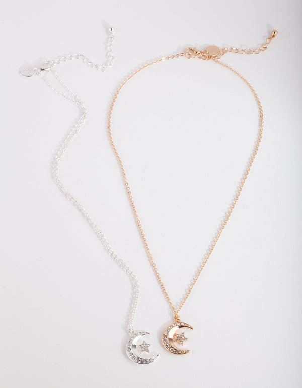 Mixed Metal Diamante Moon Necklace 2 Pack