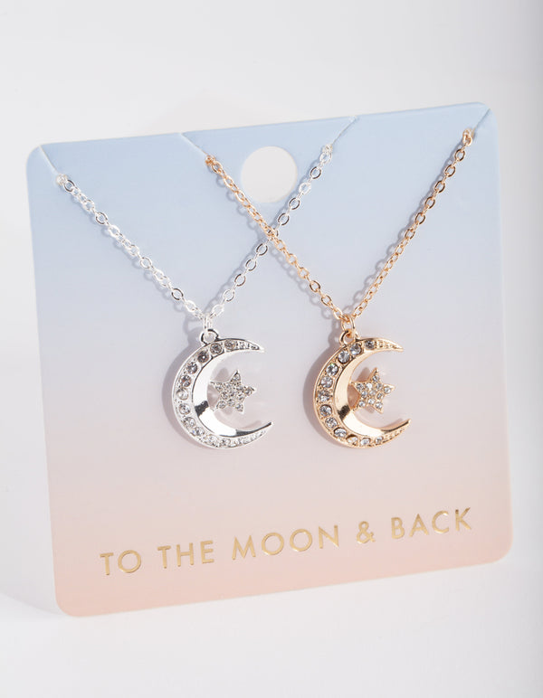Mixed Metal Diamante Moon Necklace 2 Pack