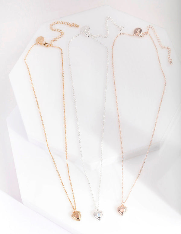 Mixed Metal 3 Pack Semi Precious Heart Necklace
