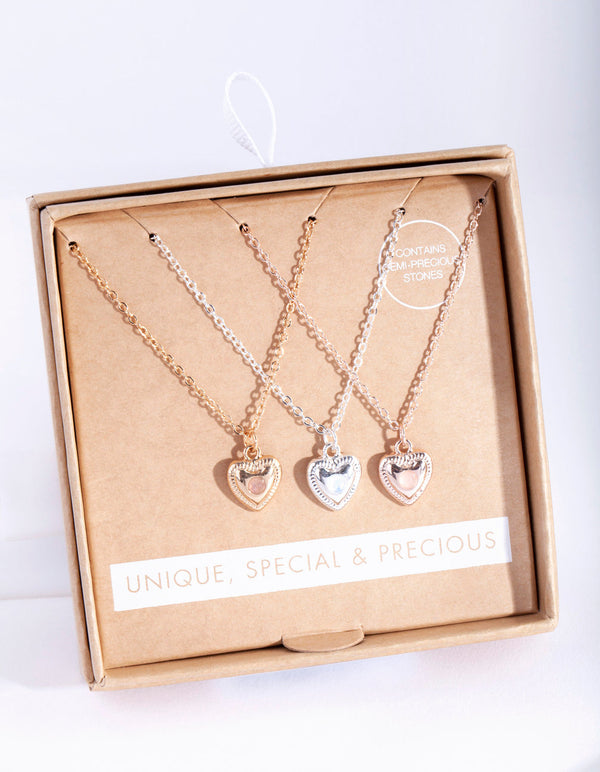 Mixed Metal 3 Pack Semi Precious Heart Necklace
