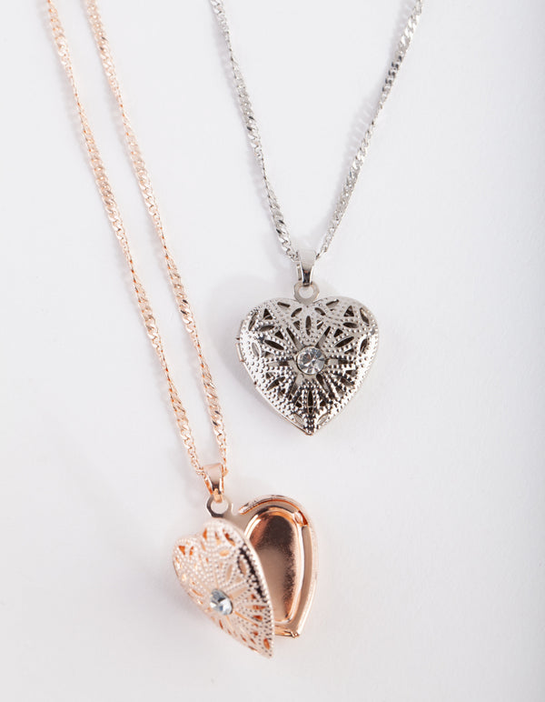 Mixed Metal Filigree Diamante Heart Necklace Set