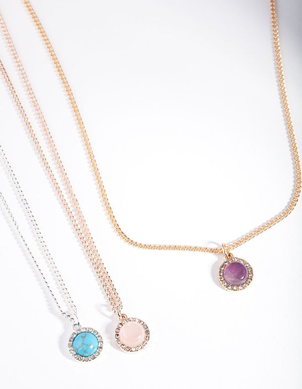 Mixed Metal Diamante Semi Precious Necklace 3 Pack