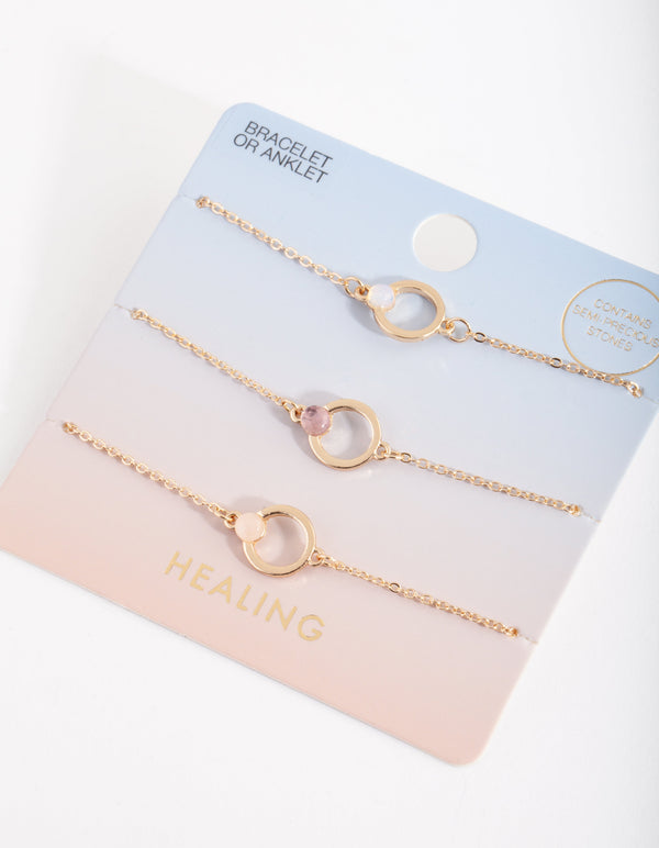 Gold Open Circle Stone Bracelet Anklet 3 Pack