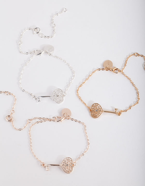 Mixed Metal Filigree Key 3-Pack Bracelets and Anklets