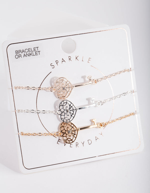 Mixed Metal Filigree Key 3-Pack Bracelets and Anklets