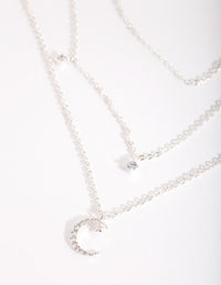Zilveren ketting met 3 rijen maan en druppels van kubieke zirkonia - link has visual effect only