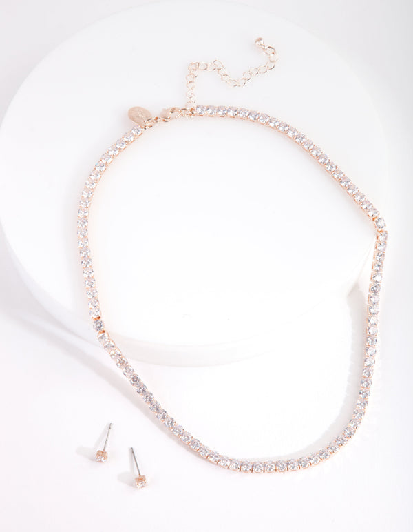 Cubic Zirconia Rose Gold Cupchain Necklace & Earrings Set