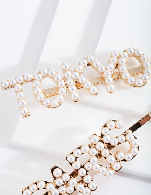 Gold Pearl Paris & Tokyo Hair Clip 2-Pack
