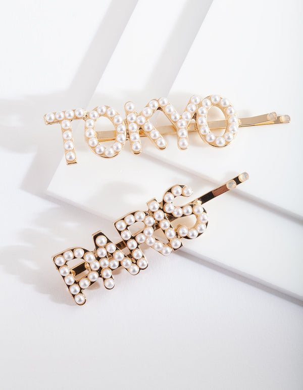 Gold Pearl Paris & Tokyo Hair Clip 2-Pack