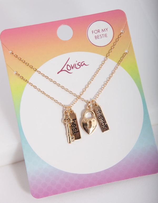Kids Gold Lock and Key BF Necklace Set