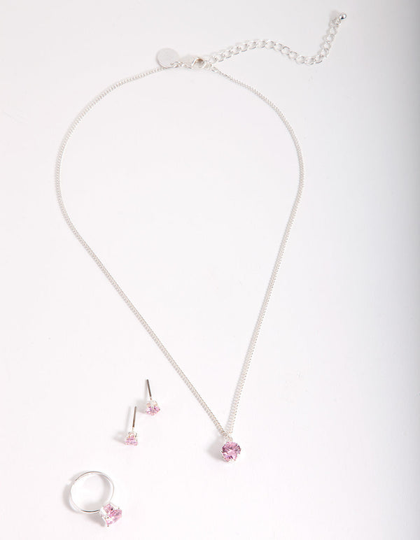 Kids Pink Cubic Zirconia Silver Jewellery Pack