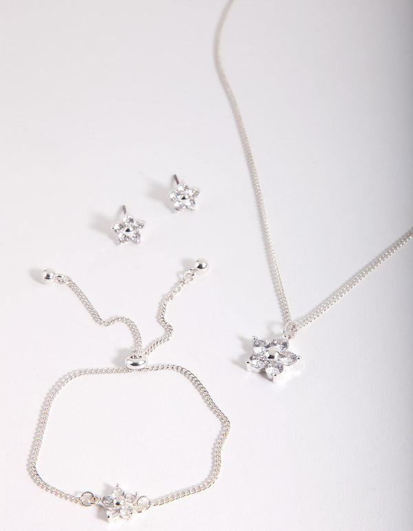 Kids Silver Cubic Zirconia Flower Jewellery Pack