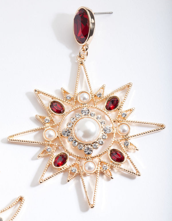 Red Star and Moon Drop Earrings