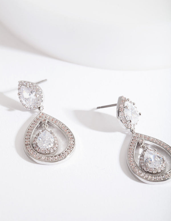 Rhodium Diamond Simulant Double Pear Drop Earrings