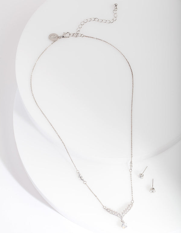 Rhodium Cubic Zironia Wing Earrings Necklace Set