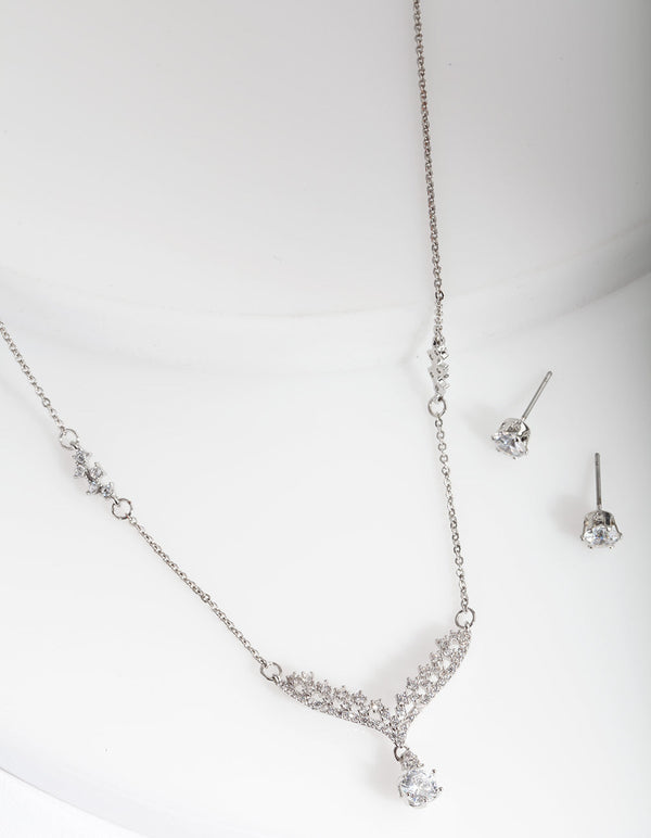 Rhodium Cubic Zironia Wing Earrings Necklace Set