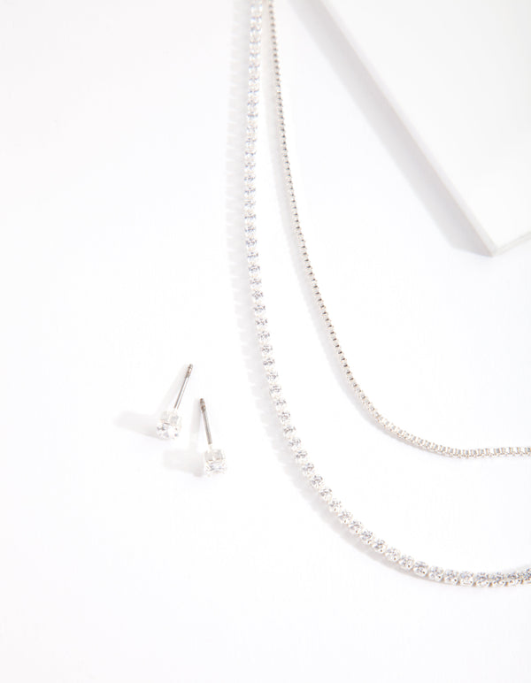 Cubic Zirconia Multi-Layered Necklace and Earrings Set