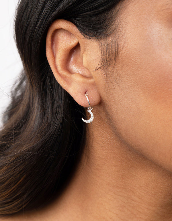 Sterling Silver Diamante Moon Charm Hoop Earrings