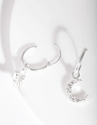Sterling Silver Diamante Moon Charm Hoop Earrings - link has visual effect only